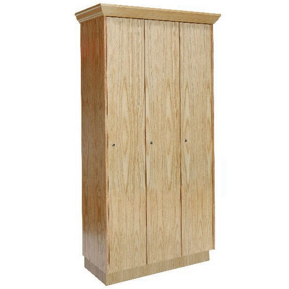 3-Wide Single Tier Wood Wardrobe Lockers (shown with 3 side crown molding and locker base)