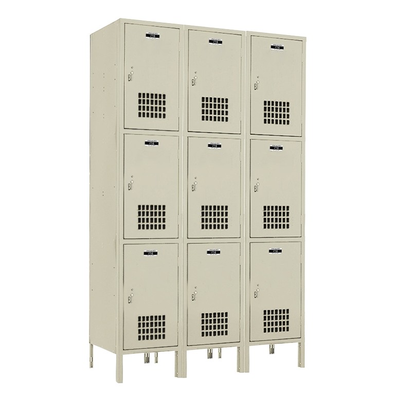 Beige Triple Tier Ventilated Lockers with Friction Catch Handle