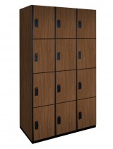 Four Tier Wood Lockers (Brown) shown with optional end panels